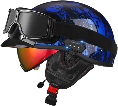 Vista 13 de Casco de cara abierta con Bluetooth para hombres y mujeres, casco retro de estilo alemán con diseño de calavera, visera con gafas, casco de media