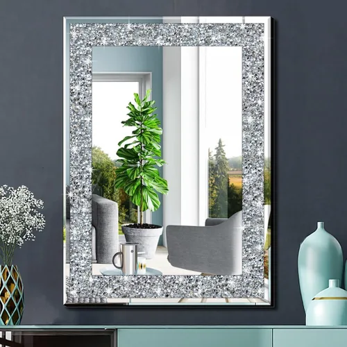 Vista 8 de QMDECOR Espejo de Pared Decorativo Rectangular Brillante para Decoración del Hogar con Decoración de Diamante Crush de Cristal Plateado