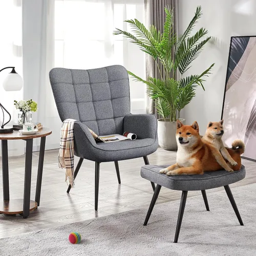 Vista 2 de Yaheetech Juego de 2 sillas decorativas con otomana, moderno sillón y reposapiés con respaldo alto y patas de metal, silla de salón y otomana