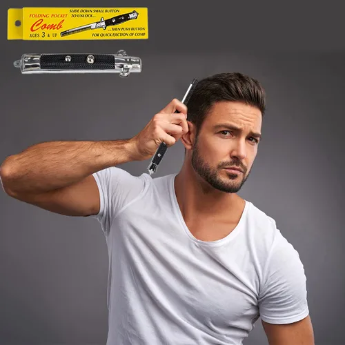 Vista 2 de Switchblade - Peine plegable de bolsillo de 9 pulgadas, peine de acero inoxidable para barba para hombres, peines de bigote de dientes finos