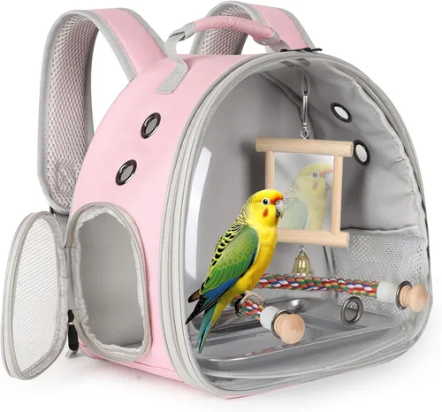 Vista 13 de Jaula portátil de viaje para loros con juguete pequeño oscilante y jaula de juguetes coloridos, bolsa de periquito para pájaros pequeños con bolsa