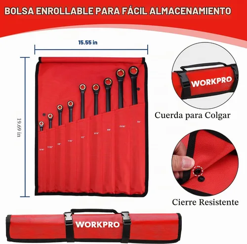 Vista 2 de WORKPRO - Juego de llaves de trinquete extralargas, 9 piezas, antideslizantes, doble extremo de caja, SAE 5/16-3/4 pulgadas, 72 dientes, llaves