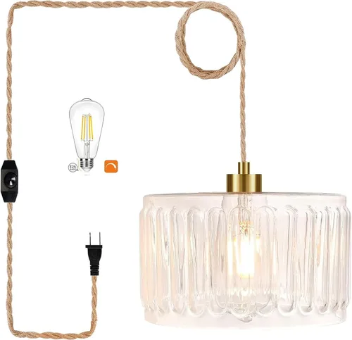 Vista 9 de Lámpara colgante de ratán para enchufar, con cable de enchufe, lámpara colgante de bambú regulable, tejida a mano estilo bohemio, pantalla
