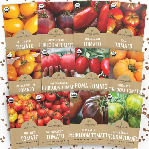 Vista 8 de Paquete variado de semillas de tomate orgánico – 5 paquetes individuales – Temporada 2026 – Roma, Brandywine rosa, cereza Sweetie, Krim negro
