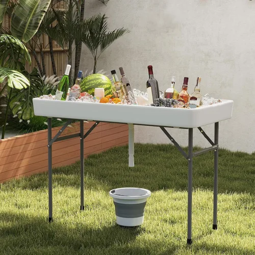 Vista 4 de Giantex Mesa enfriadora de hielo plegable, mesa de barra fría para exteriores de 46 pulgadas con drenaje, cubo plegable y falda extraíble a juego