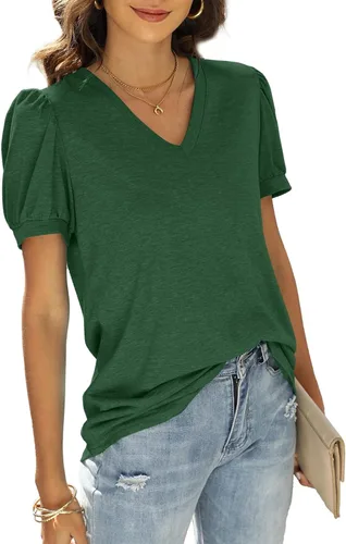 Vista 3 de WIHOLL - Blusas de verano para mujer con cuello en V y mangas abullonadas camisetas de moda casual