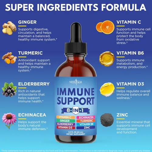 Vista 2 de NEW AGE Gotas líquidas de apoyo inmunológico 8 en 1 – Baya de saúco, curcumina de cúrcuma, equinácea, jengibre, vitaminas C y D3, zinc y B6 – Apoyo