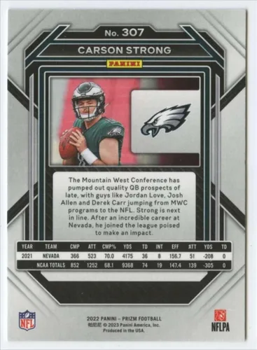 Vista 2 de 2022 Panini Prizm Football #307 Carson Strong RC Rookie Philadelphia Eagles Official NFL Trading Card