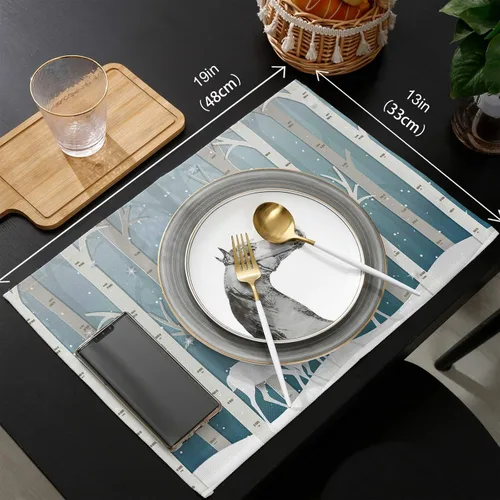 Vista 6 de Mantel individual de invierno para mesa de comedor, juego de 4 manteles individuales de Navidad, lino y algodón, impermeable, tapete individual