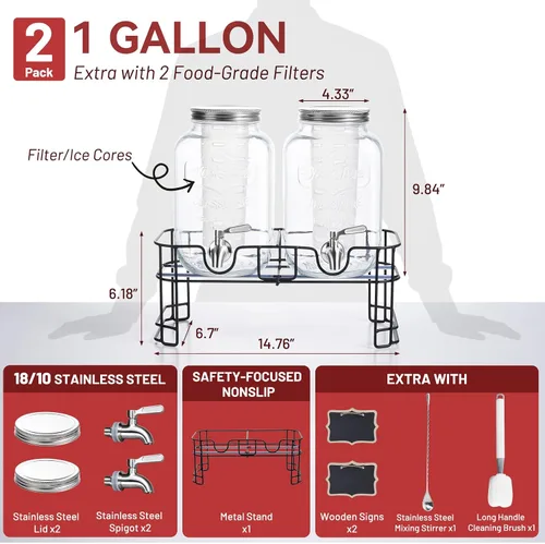 Vista 4 de KIKCOIN Paquete de 2 dispensadores de bebidas de vidrio para fiestas, dispensador de bebidas de 1 galón a prueba de fugas con espita de acero