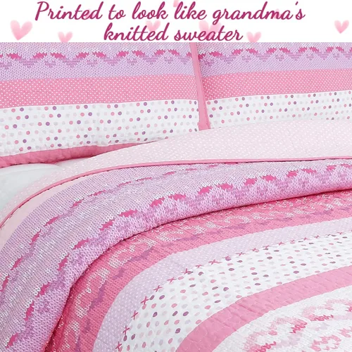 Vista 4 de [Usado] Juego de ropa de cama de algodón de 6 piezas con estampado de corazones, mariposas y lunares, a rayas, rosa, morado, blanco, de algodón