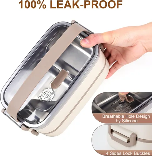 Vista 6 de Caja Bento de acero inoxidable para adultos y niños, lonchera japonesa a prueba de fugas, recipientes divididos para alimentos y comidas, juego