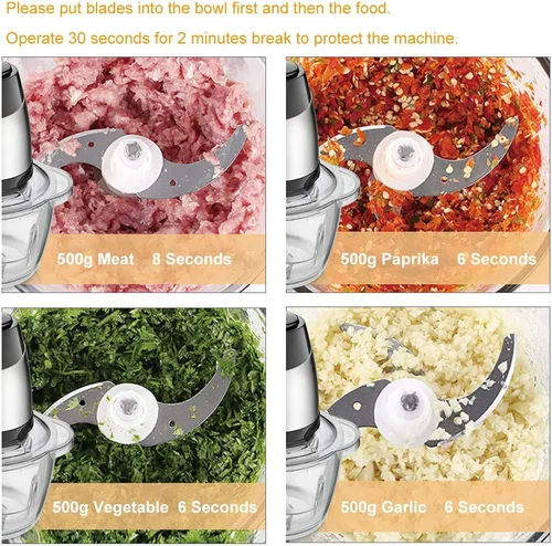 Vista 13 de Picadora eléctrica de alimentos, procesador de alimentos de 5 tazas de Homeleader, molinillo de cuenco de vidrio de 1.2L para carne, verduras