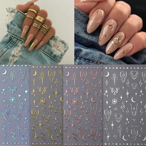 Vista 4 de Calcomanías de uñas de estrella de luna, calcomanías de arte autoadhesivas 3D, calcomanías de diseño de estrellas y sol, suministros de oro láser