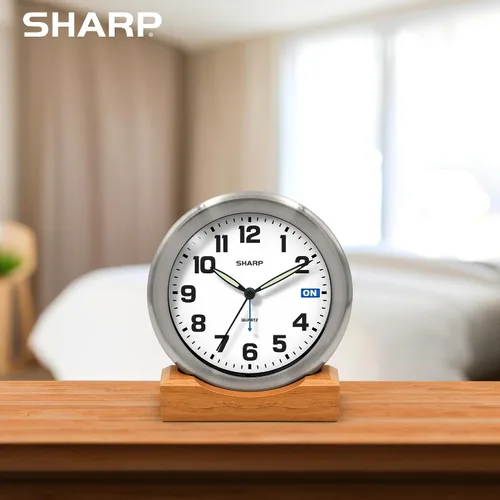 Vista 7 de Sharp Silent Sweep - Reloj despertador analógico sin tictac, escritorio de metal cepillado o reloj de pared con soporte de madera auténtica