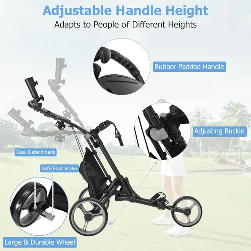 Vista 3 de Tangkula Carrito de golf de empuje, carrito de empuje plegable de aluminio ligero de 3 ruedas, carrito de golf con correa elástica, paraguas y Gris