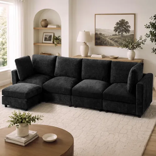 Vista 13 de 63" sofá seccional modular de Loveseat con otomana movible para sala de Beige