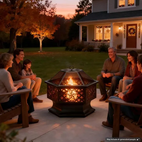 Vista 4 de Panovue - Chimenea hexagonal de 28 pulgadas para quemar madera, con pantalla anti-chispas y atizador, chimenea de metal con forma de hexágono
