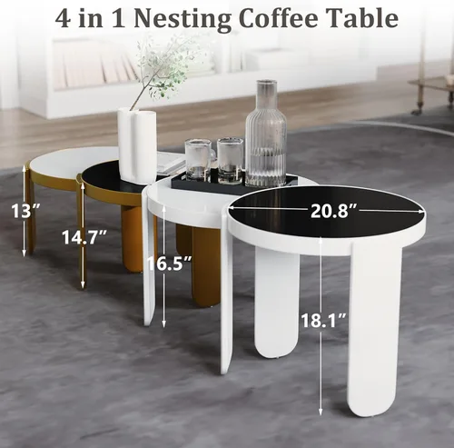 Vista 2 de ACEDÉCOR Mesa auxiliar anidable 4 en 1, moderna mesa central redonda con parte superior de vidrio templado convertible, mesa auxiliar apilable