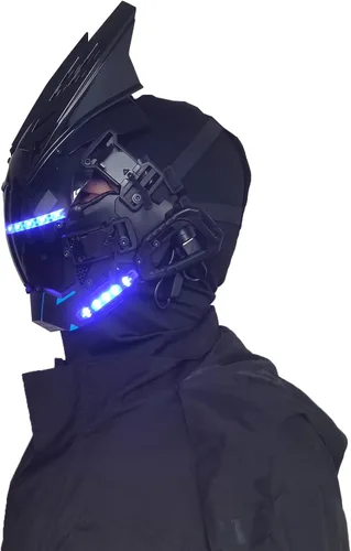 Vista 5 de Máscara gótica punk, máscara Techwear, casco de Halloween Cosplay Tech con luz LED Azul