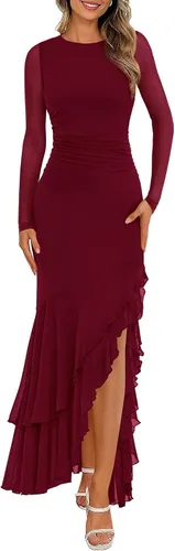 Vista 18 de BTFBM Maxi vestidos de mujer otoño 2026 manga larga vestido de invitada de Café