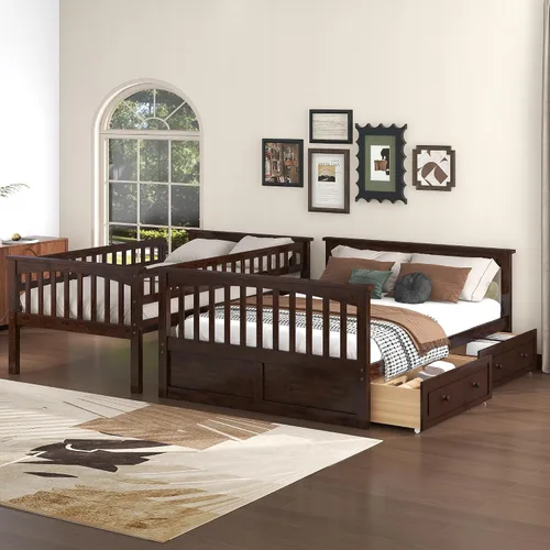 Vista 3 de Harper & Bright Designs Litera convertible de madera individual sobre cama matrimonial con 2 cajones de almacenamiento y escalera, se puede dividir