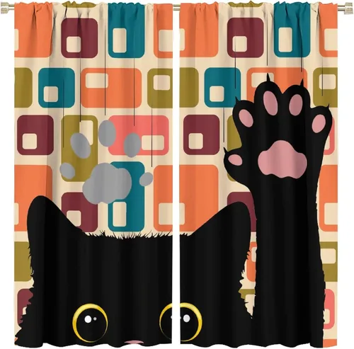 Vista 31 de Cortinas de estilo de mediados de siglo, diseño geométrico abstracto moderno, diseño retro, estampado de gato negro, para dormitorio, sala de estar