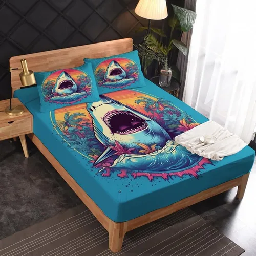 Vista 2 de Juego de sábanas de tiburón tamaño King, sábanas de microfibra suave y bolsillo profundo, sábanas y fundas de almohada estampadas sin arrugas, 4