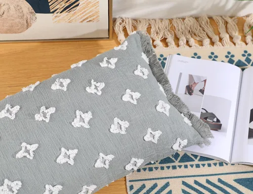 Vista 3 de Funda de almohada lumbar larga bohemia de 14x20 pulgadas con borla, de algodón, con patrón de flores 3D, funda de almohada lumbar larga para sofá