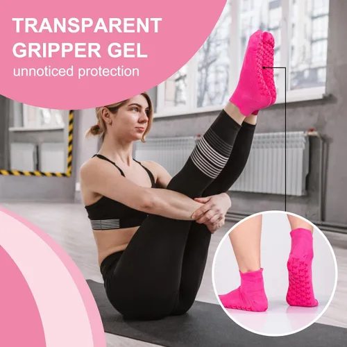 Vista 4 de Calcetines de yoga para mujer, calcetines antideslizantes con gel de agarre para el hogar, hospital, yoga, pilates, barras, ancianos, embarazo
