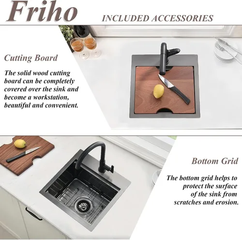 Vista 2 de Friho Fregadero de barra empotrable negro de 15 x 15 pulgadas, fregadero de cocina de acero inoxidable de un solo tazón montado en superficie
