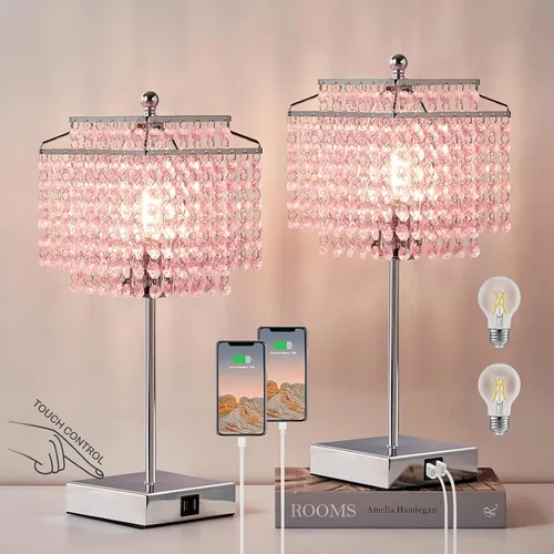 Vista 15 de Luvkczc Lámpara de Mesa de Cristal con Control Táctil Juego de 2, Lámpara de Mesa de Noche USB con Puertos USB C+A, Lámpara Regulable con Pantalla