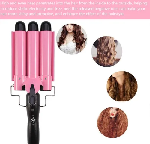 Vista 6 de MODVICA varita de rizar de 3 cilindros 26mm ondulador de pelo temperatura ajustable rizador de pelo de cerámica (rosa)