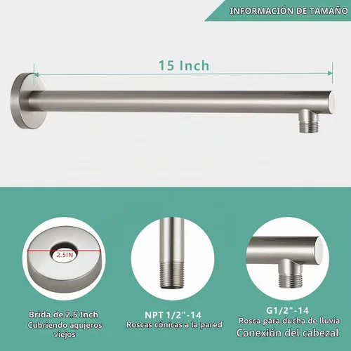 Vista 2 de Voolan Brazo de ducha redondo de 15 pulgadas con brida y cinta de teflón, brazo de extensión para regadera fija de baño, acero inoxidable sólido