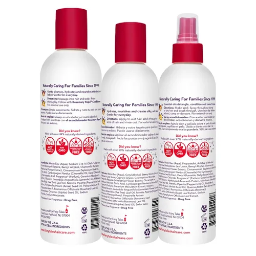 Vista 2 de Fairy Tales Rosemary Repel Champú diario para niños, 12 fl oz., Acondicionador, 8 fl oz. & Espray acondicionador, 8 fl oz. Star Trio – A los niños
