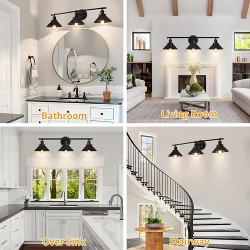 Vista 2 de TOULMJ Lámparas de tocador de baño, luces de tocador de granja, 3 lámparas de baño sobre espejo de pared con pantalla de metal, luces de tocador