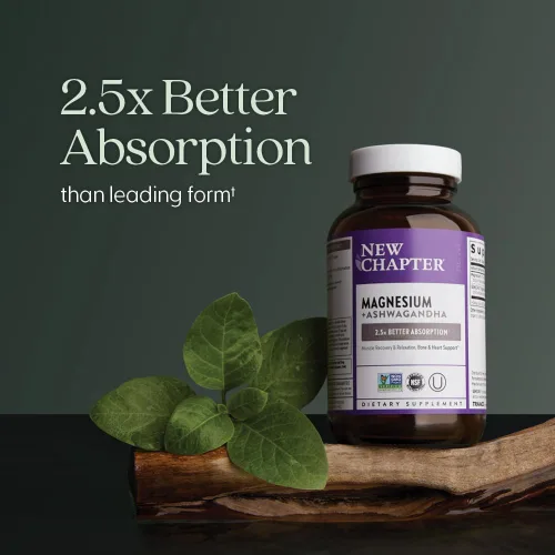 Vista 3 de New Chapter Suplemento de magnesio + Ashwagandha, 325 mg con glicinato de magnesio para relajación muscular y recuperación, salud del corazón