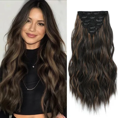 Vista 19 de Extensiones de cabello con clip para mujer, mezcla negra oscura con reflejos marrón claro, 20 pulgadas, 6 piezas, extensiones de cabello largo