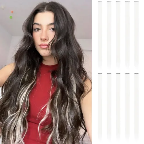 Vista 45 de FESHFEN Juego de 12 extensiones de cabello con clip, color negro, con clip, con purpurina, kit de accesorios coloridos para mujeres, de 20 pulgadas