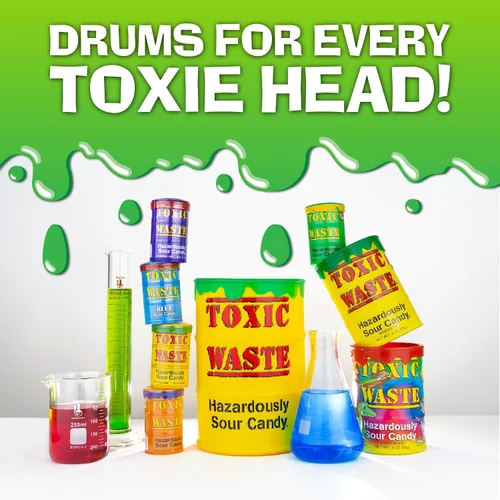 Vista 6 de Toxic Waste Amazon Exclusive Sour Candy Drums, paquete variado, paquete de 4 Contenedores coleccionables morados, amarillos, verdes y rojos, gran