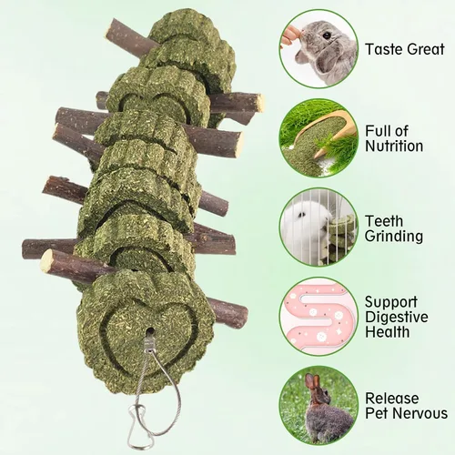 Vista 3 de Hamiledyi 4 juguetes masticables de conejo, juguetes para moler dientes, palitos de frutas naturales, pasteles de hierba Timothy orgánicos, juguetes