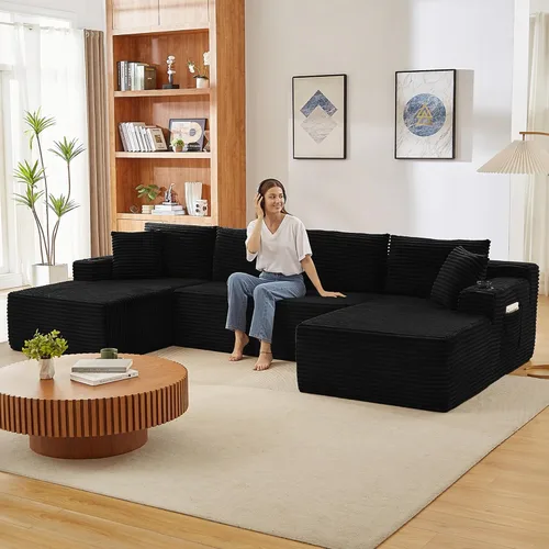 Vista 5 de Sofá modular de 133.5 pulgadas con tumbonas móviles, sofás deshuesados con portavasos para sala de estar, sofá modular en forma de U de gran