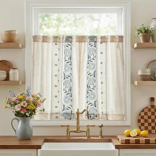 Vista 14 de jinchan Cortinas de lino floral beige para cocina, 24 pulgadas, 2 paneles A Beige