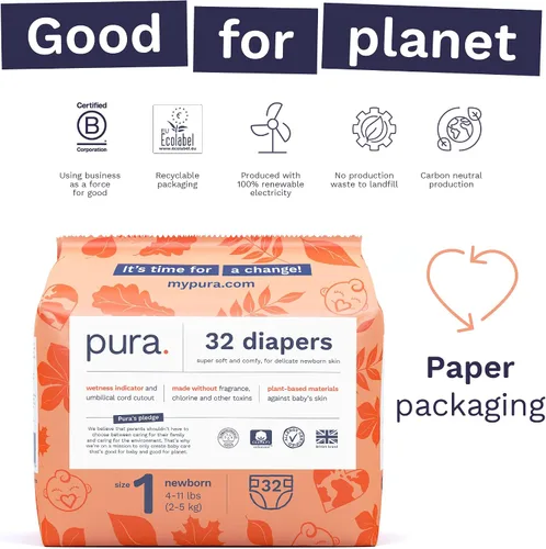 Vista 3 de Pura Pañales para bebé recién nacido con piel sensible, paquete de prueba, talla 1 (4–11 lbs), totalmente libre de cloro, indicador de humedad