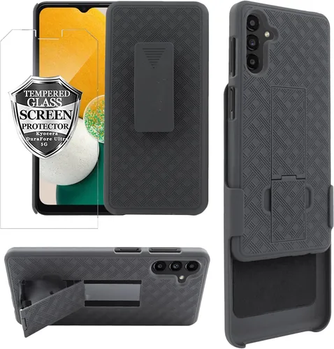 Vista 3 de Diseñado para Samsung Galaxy A13 5G, con funda delgada de vidrio templado, funda resistente con soporte integrado + clip giratorio para cinturón