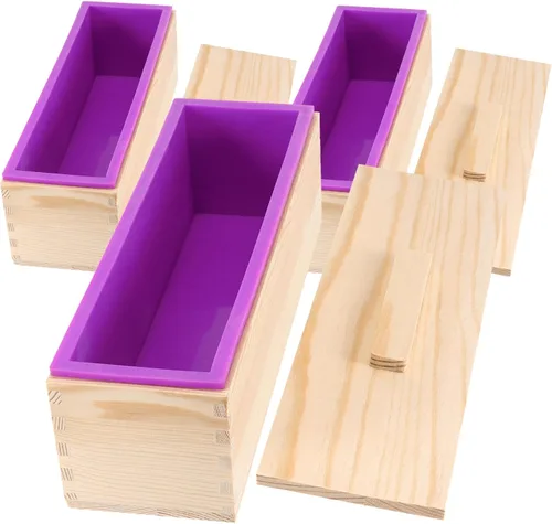 Vista 7 de 3 Set 42 Oz Azul Silicona Jabón Pan Molde Rectangular con Caja de Madera