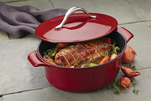 Vista 2 de Anolon Vesta - Sartén de hierro fundido con tapa, 4 cuartos de galón, color rojo pimentón rojo paprika