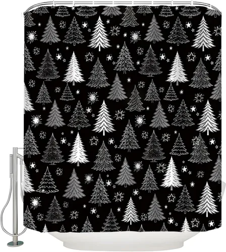 Vista 3 de Cortina de ducha con diseño de árbol de Navidad, color negro y blanco, diseño de árbol de Navidad retro, copo de nieve, diseño de pino de Año Nuevo