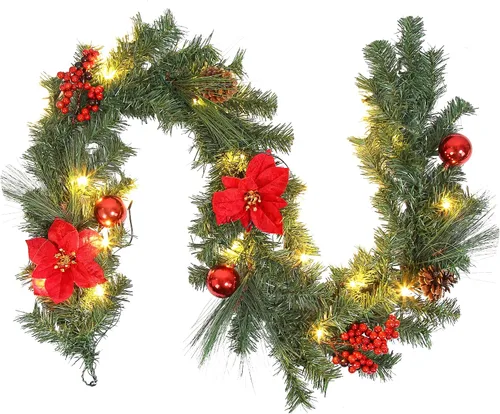 Vista 8 de Guirnalda de Navidad con luces, oro champán de 6 pies, 20 luces LED, guirnalda de Navidad preiluminada con adornos de bolas, cintas, conos de pino