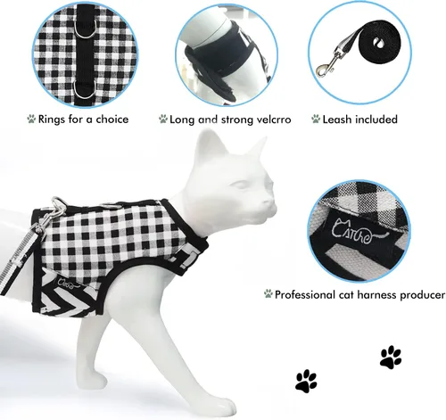 Vista 5 de Arnés de gato con correa, ajustable para gatos, chaleco acolchado para gatos, Black Plaid